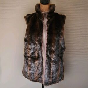 Old Navy Reversible Faux Fur Zip Front Vest Women's Size M Brown Pockets